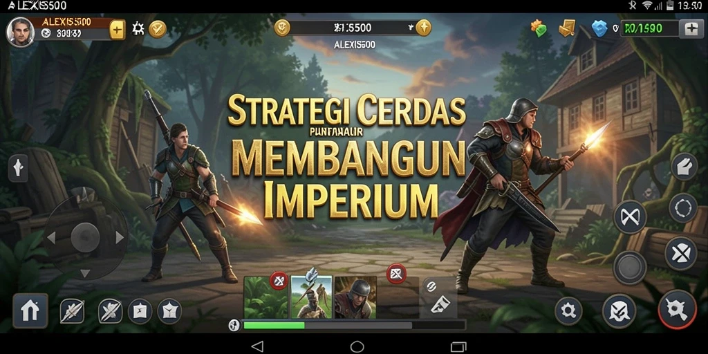 Tampilan gameplay ALEXIS500 dengan perang dan pembangunan kerajaan.