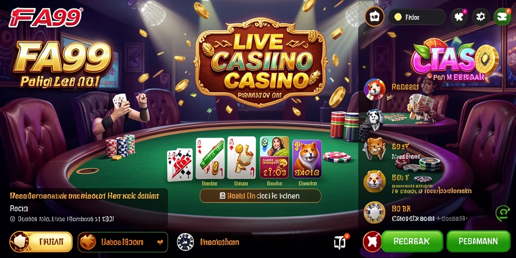 Screenshot gameplay FA99 menampilkan dealer dan permainan Live Casino yang menarik.