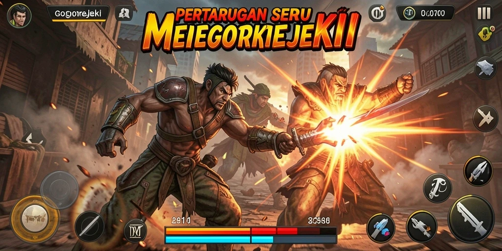 Screenshot gameplay GOGOREJEKI menampilkan pertarungan epik antara karakter yang berbeda.