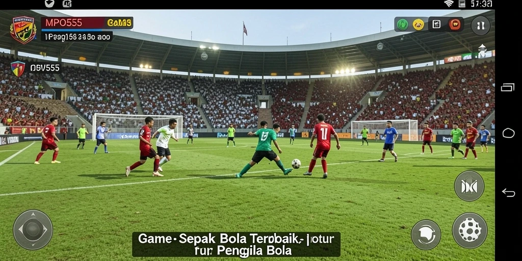 Gameplay MPO555 menampilkan aksi pertandingan sepak bola yang seru dan mendebarkan.