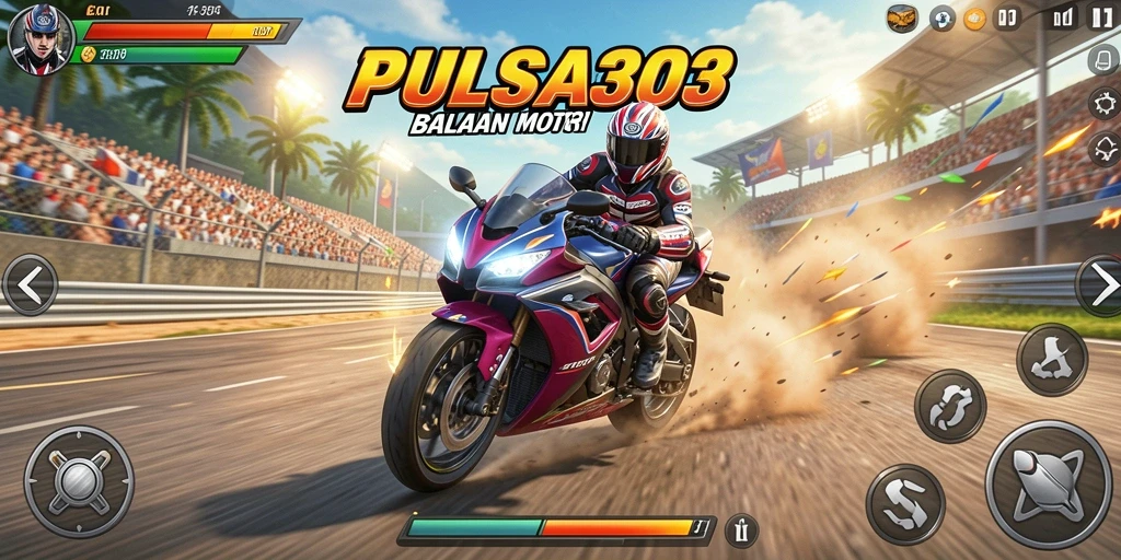 Tampilan gameplay menegangkan di PULSA303 saat balapan motor.