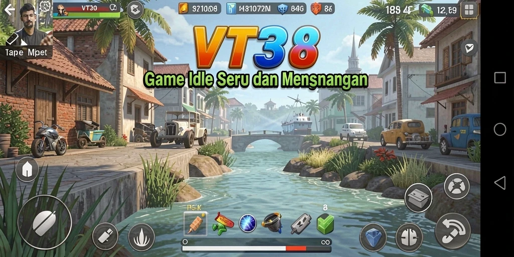 Screenshot utama VT38 menampilkan karakter santai dalam gameplay Idle.