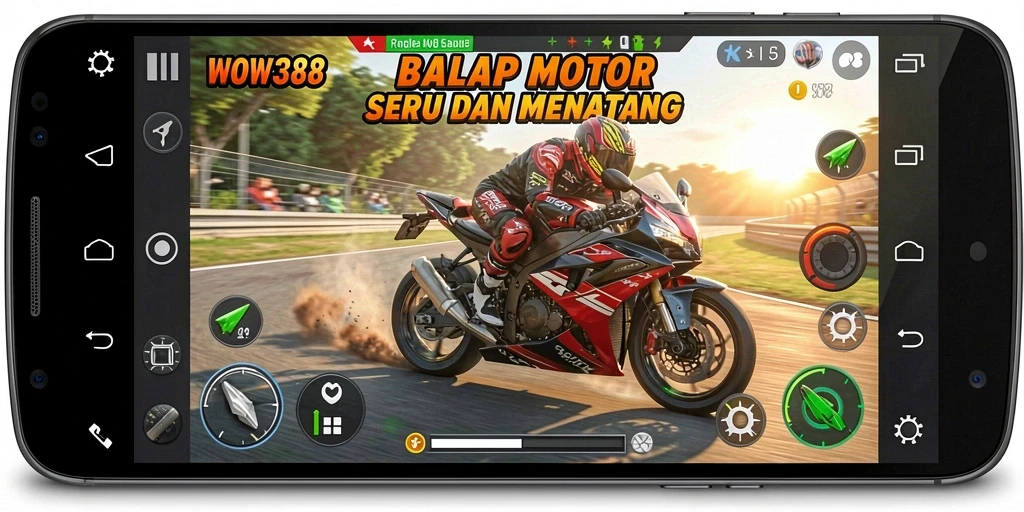 Tampilan gameplay balap motor yang penuh aksi dan kecepatan.