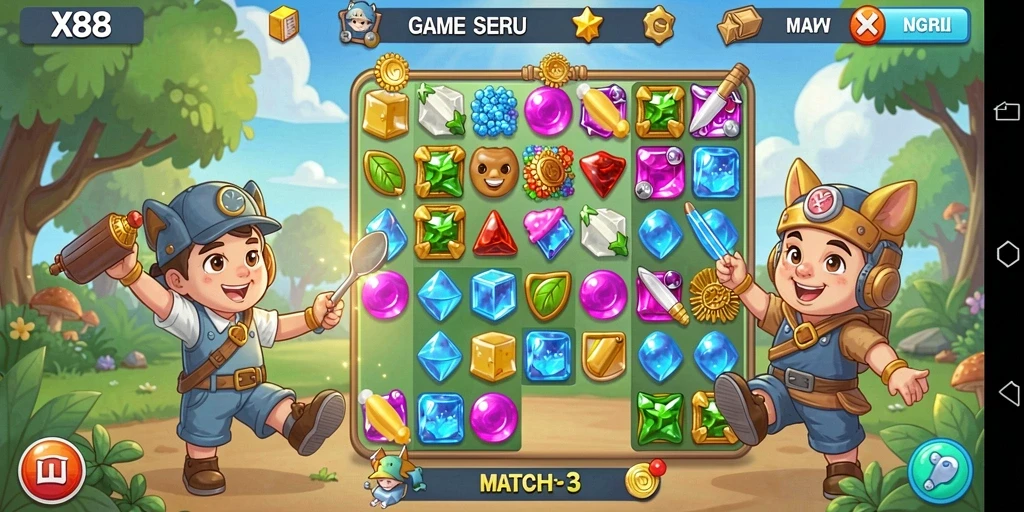 Tangkapan layar gameplay X88 menampilkan keseruan mencocokkan elemen dalam game Match-3.